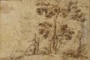 Two Figures By A Tree Near A River by Salvator Rosa