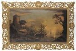 A Mediterranean Harbour At Sunset With Figures On A Quay