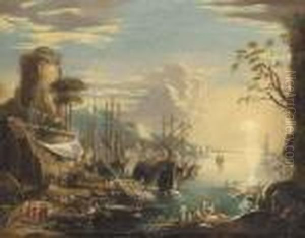 A Mediteranean Coastal Inlet With Shipping And Bathers On Thebank - view 1