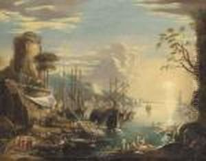 A Mediteranean Coastal Inlet With Shipping And Bathers On Thebank