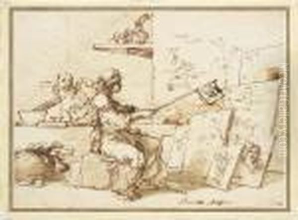 Une Allegorie De La Peinture En 
Guenilles Assise Dans L'atelier Del'artiste Chassant Des Mouches D'un 
Groupe De Tableaux Appuyescontre Un Mur, Une Tete D'ane Et Un Coeur 
Couronne Dessines Sur Lemur, Des Putti Au Fond De L'atelier - view 1