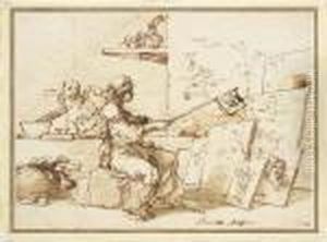 Une Allegorie De La Peinture En
Guenilles Assise Dans L'atelier Del'artiste Chassant Des Mouches D'un
Groupe De Tableaux Appuyescontre Un Mur, Une Tete D'ane Et Un Coeur
Couronne Dessines Sur Lemur, Des Putti Au Fond De L'atelier by Salvator Rosa