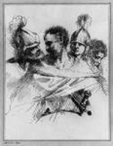 Nachfolge Studie Von Vier 
Soldaten. Auf Dem Untersatz Von Alter Hand Bezeichnet: Salvator Rosa. 
Feder In Braun Auf Papier. H 23,8; B 18,2 Cm. Provenienz: 
Privatsammlung, Brussel. Gebraunt Und Mit Tintenfrass - view 1