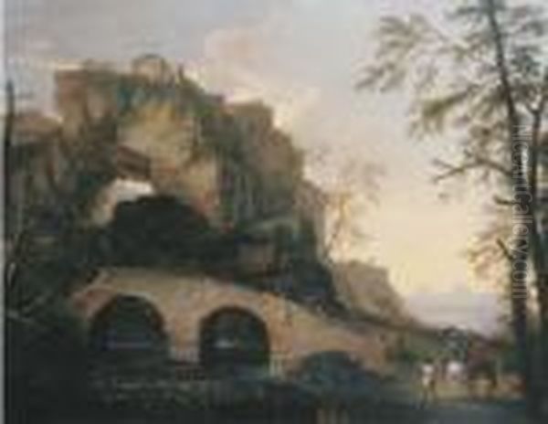 A Rocky Italianate Landscape With Horsemen By A Bridge - view 1