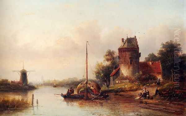 A River Landscape In Summer With A Moored Haybarge By A Fortified Farmhouse - view 1