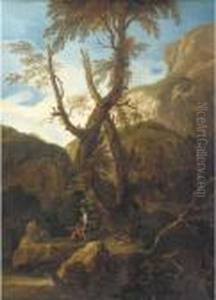 A Rocky Landscape With Anglers By A Stream - view 1