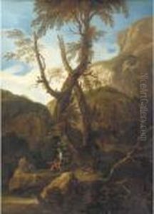 A Rocky Landscape With Anglers By A Stream by Salvator Rosa