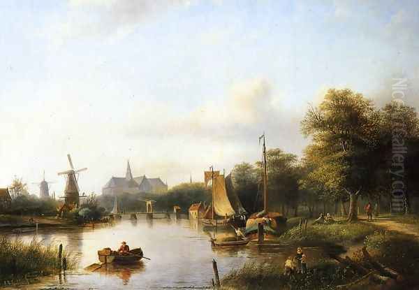 A View of the River Spaarne, Haarlem, with Moored Shipping and a Hay-Barge, the St. Bavo Church in the Background - view 1