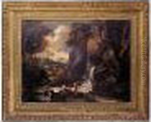 Rocky Landscape With Figures Fishing Beneath A Waterfall - view 1