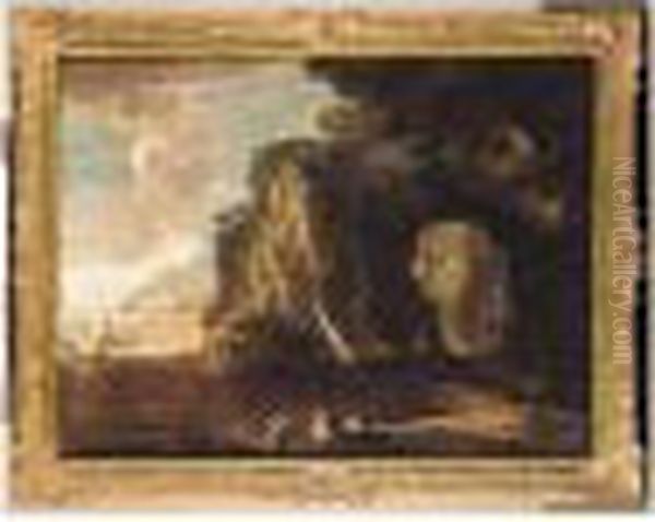 A Mountainous Coastal Landscape With Fishermen - view 1