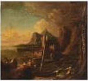 A Rocky Coastal Scene With Men Mooring Their Boats