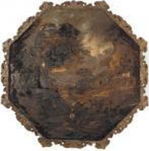 An Extensive Italianate 
Landscape With Travellers On A Track Before A Stream, An Inn Beyond by Salvator Rosa