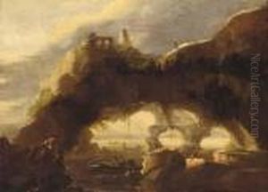 A Rocky Coastline With Anglers Before A Natural Arch by Salvator Rosa