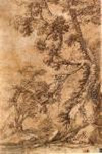 A Figure Lying By A Tree Below A Cliff by Salvator Rosa