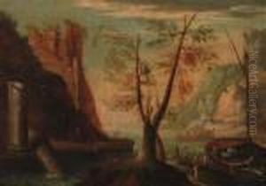A Coastal Inlet With Figures By A Moored Boat, A Hilltop Ruinbeyond