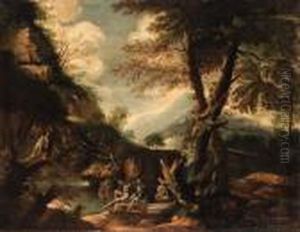 A Wooded Italianate Landscape With Banditti On An Outcrop by Salvator Rosa