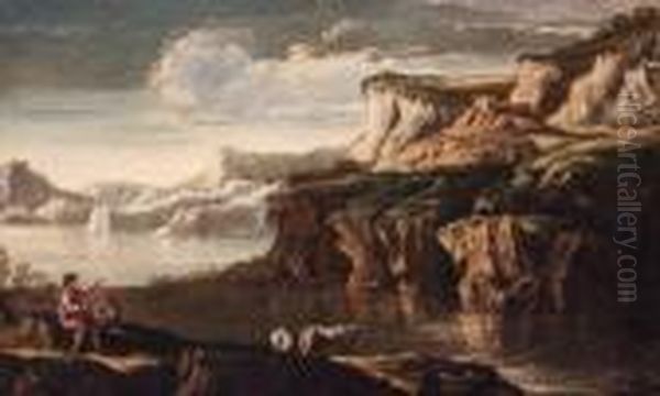 A Rocky Italianate Landscape With Drovers And Cattle At Apool - view 1