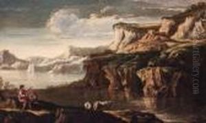 A Rocky Italianate Landscape With Drovers And Cattle At Apool
