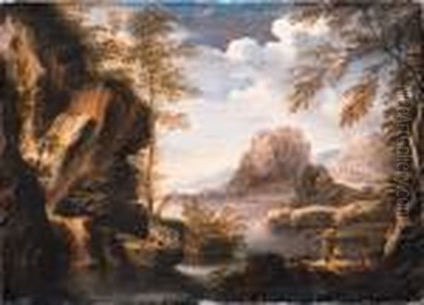 A Mountainous River Landscape With Peasants Conversing On Abank - view 1