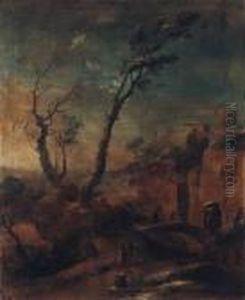 A Mountainous Landscape With Travellers On A Path And Woodmencrossing A Bridge by Salvator Rosa