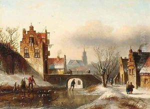 Figures on a Frozen Canal in a Dutch Town