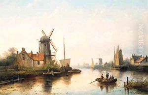 A river landscape with villagers in rowing boat and sailing barges, at dusk