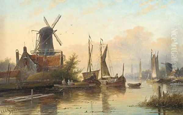 Barges in a calm on a Dutch river estuary - view 1