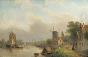 Shipping on a river by a village