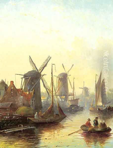 A summer landscape with windmills along a river - view 1