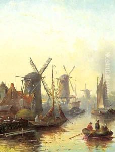 A summer landscape with windmills along a river