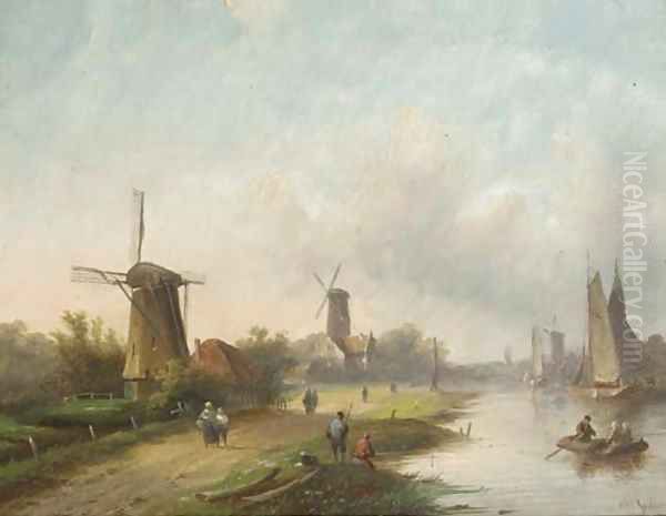 Summer windmills along a river - view 1