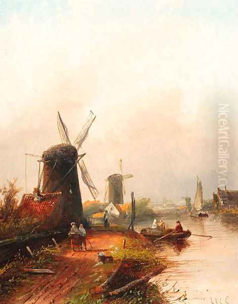 River landscape with windmills - view 1