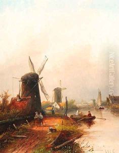 River landscape with windmills