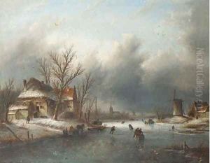 Skaters on a frozen river, a town in the distance