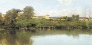 Figures in a Boat in a River Landscape with a Village beyond Figures in a Boat in a River Landscape with a Village beyond