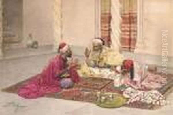 Backgammon Players In A Courtyard by Giulio Rosati