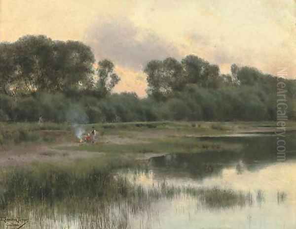 Shepherds by a riverside fire - view 1