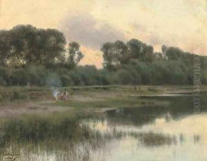 Shepherds by a riverside fire Shepherds by a riverside fire