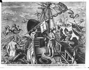 Christopher Columbus 1451-1506 on board his caravel, discovering America by Giovanni Stradano
