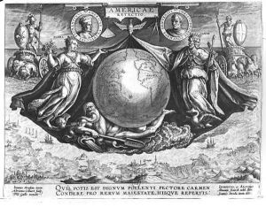 Discovery of America with portraits of Amerigo Vespucci 1454-1512 and Christopher Columbus 1451-1506 engraved by Jan Collaert 1566-1628 printed by Philipp Galle 1537-1612 c.1600 by Giovanni Stradano