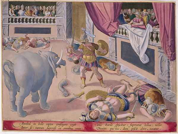 Hannibal 247-c.183 BC Makes Defeated Romans Fight Each Other, plate 7 from Venationes Ferarum, Avium, Piscium Of Hunting Wild Beasts, Birds, Fish engraved by Jan Collaert 1566-1628 published by Phillipus Gallaeus of Amsterdam by Giovanni Stradano