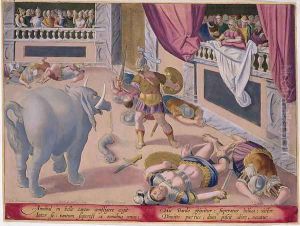 Hannibal 247-c.183 BC Makes Defeated Romans Fight Each Other, plate 7 from Venationes Ferarum, Avium, Piscium Of Hunting Wild Beasts, Birds, Fish engraved by Jan Collaert 1566-1628 published by Phillipus Gallaeus of Amsterdam by Giovanni Stradano