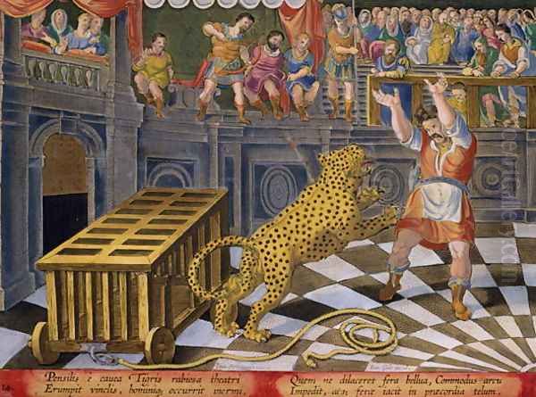 The Roman Emperor Commodus Fires an Arrow to Subdue a Leopard which has Escaped from its Cage in the Arena, plate 14 from Venationes Ferarum, Avium, Piscium Of Hunting Wild Beasts, Birds, Fish engraved by Jan Collaert 1566-1628 published by Phillip - view 1