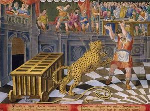 The Roman Emperor Commodus Fires an Arrow to Subdue a Leopard which has Escaped from its Cage in the Arena, plate 14 from Venationes Ferarum, Avium, Piscium Of Hunting Wild Beasts, Birds, Fish engraved by Jan Collaert 1566-1628 published by Phillip by Giovanni Stradano