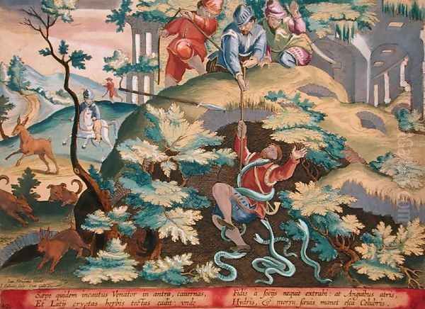 A Hunter Rescued from a Pit of Snakes, plate 41 Venationes Ferarum, Avium, Piscium Of Hunting Wild Beasts, Birds, Fish engraved by Jan Collaert (1566-1628 published by Phillipus Gallaeus of Amsterdam - view 1