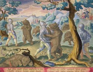 Men in Heavy Armour Attack Bears by Stabbing them in the Vitals, plate 26 from Venationes Ferarum, Avium, Piscium Of Hunting Wild Beasts, Birds, Fish engraved by Jan Collaert 1566-1628 published by Phillipus Gallaeus of Amsterdam by Giovanni Stradano