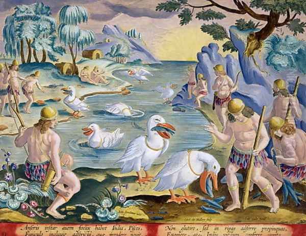 Semi-Naked Savages of India Using Pelicans to Catch Fish, plate 91 from Venationes Ferarum, Avium, Piscium Of Hunting Wild Beasts, Birds, Fish engraved by Jan Collaert 1566-1628 published by Phillipus Gallaeus of Amsterdam - view 1