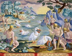 Semi-Naked Savages of India Using Pelicans to Catch Fish, plate 91 from Venationes Ferarum, Avium, Piscium Of Hunting Wild Beasts, Birds, Fish engraved by Jan Collaert 1566-1628 published by Phillipus Gallaeus of Amsterdam by Giovanni Stradano