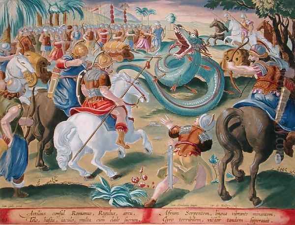 The Roman Consul Atilius Subdues the African Serpent, plate 42 from Venationes Ferarum, Avium, Piscium Of Hunting Wild Beasts, Birds, Fish engraved by Jan Collaert 1566-1628 published by Phillipus Gallaeus of Amsterdam - view 1