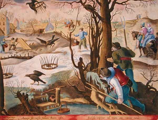 Birdcatchers Using Traps Baited with Rats to Capture Hawks, plate 64 from Venationes Ferarum, Avium, Piscium Of Hunting Wild Beasts, Birds, Fish engraved by Jan Collaert 1566-1628 published by Phillipus Gallaeus of Amsterdam - view 1